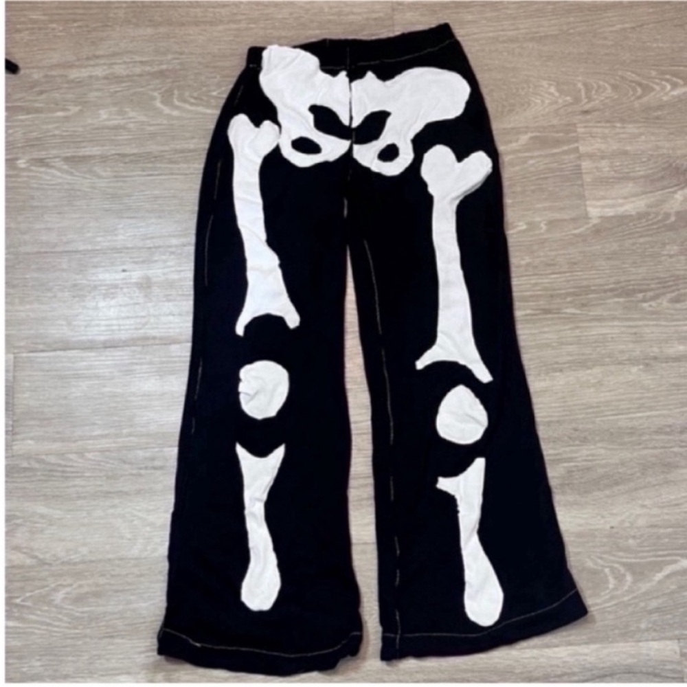 Black Pants with White Skeleton Bone Appliqué